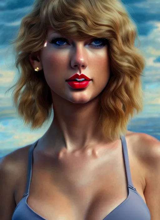 Image similar to 3 / 4 view of a portrait of taylor swift wears compact bikini, evangelion, au naturel, hyper detailed, digital art, trending in artstation, cinematic lighting, studio quality, smooth render, frostbite 3 engine rendered, art style by klimt and nixeu and ian sprigger and wlop and krenz cushart