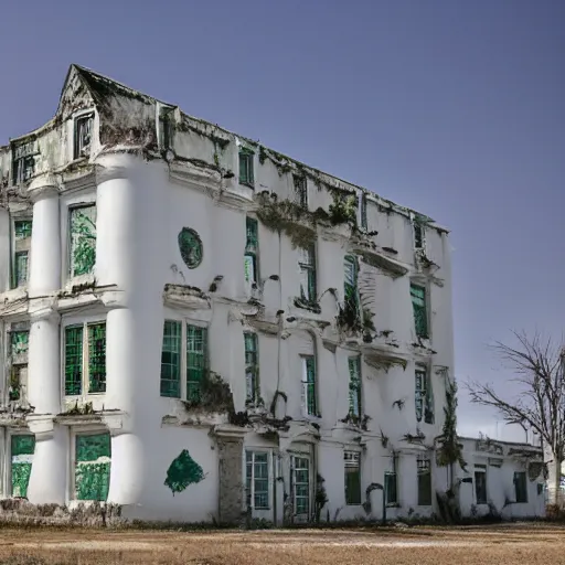 Prompt: enormous white building with small windows in the middle of a green pairie, strange, disproportioned, weird, odd architecture, hyper detailed, whitewash, old, abandoned,