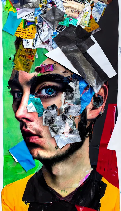 Image similar to rendered in blender charlie xcx with a trash bag on his head, collage paper and tape, acrylic on canvas, hyperrealism mixed with expressionism, high resolution, cinematic, unreal 6, breathtaking detailed, by blake neubert