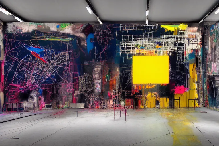 Image similar to neural industrial machines, multilayer glitch effect in spatial perceptron synapses, matte painting, 4 k, epic composition, volumetric light, abstract illusionism, by robert rauschenberg, edvard munch, jean - michel basquiat, pour paint, modern street art, grunge wall