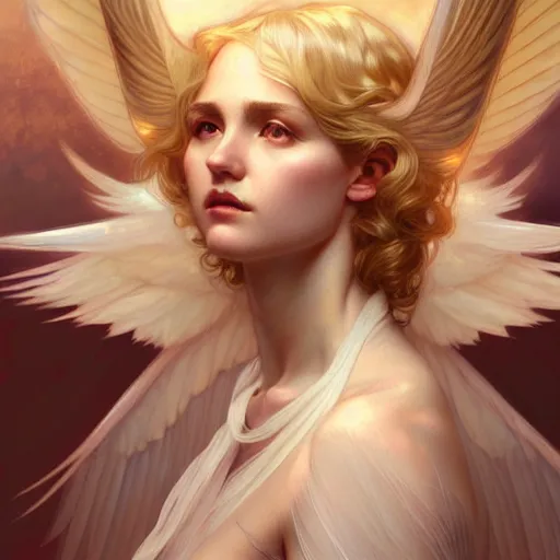 Image similar to Girl angel with elegant and delicate wings blonde hair and glowing halo, fantasy, intricate, elegant, highly detailed, digital painting, artstation, concept art, smooth, sharp focus, illustration, art by Krenz Cushart and Artem Demura and alphonse mucha