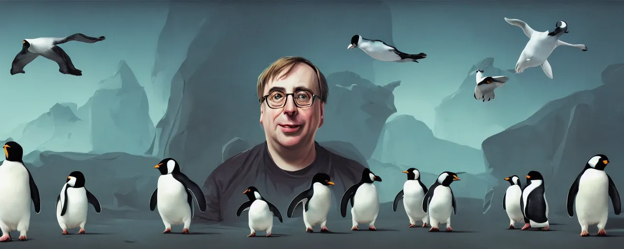 Image similar to duotone abstrac tconcept illustration 3 / 4 portrait of linus torvalds with penguins in the background. cinematic scene. vlumetric lighting. golden rario accidental renaissance. by sachin teng and sergey kolesov and ruan jia and heng z. graffiti art, scifi, fantasy, hyper detailed. octane render. concept art. trending on artstation