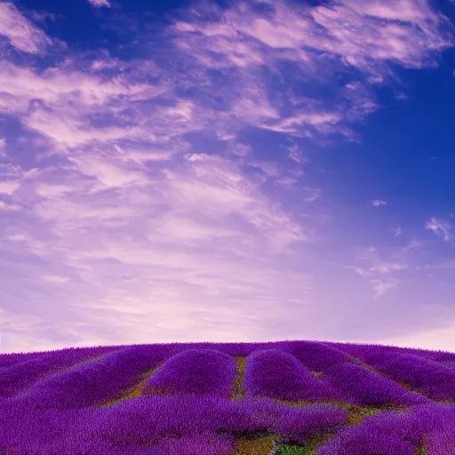 Prompt: photo of a desk on a purple field blue clouds