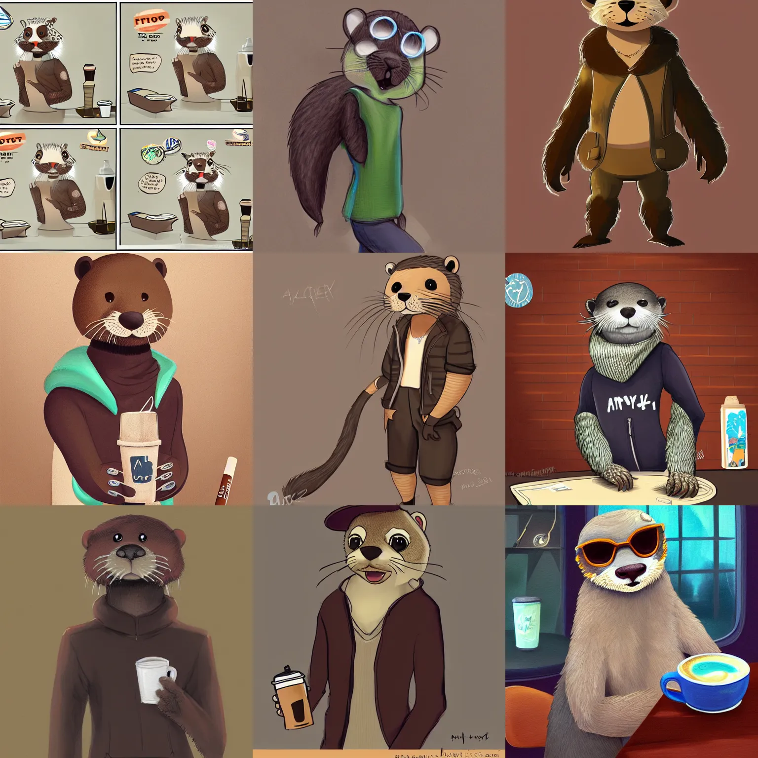 Prompt: anthropomorphic furry otter wearing cool clothes in a coffee shop, trending on art station, furaffinity, antov fadeen, painting