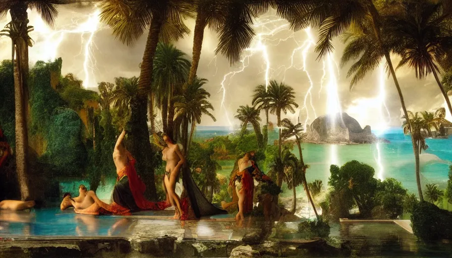 Image similar to Inside the Palace of the occult, mediterranean balustrade and columns, refracted sparkles, thunderstorm, greek pool, beach and Tropical vegetation on the background major arcana sky and occult symbols, by paul delaroche, hyperrealistic 4k uhd, award-winning, very detailed paradise