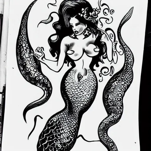 Image similar to mermaid pinup tattoo drawing with an octopus is in the background