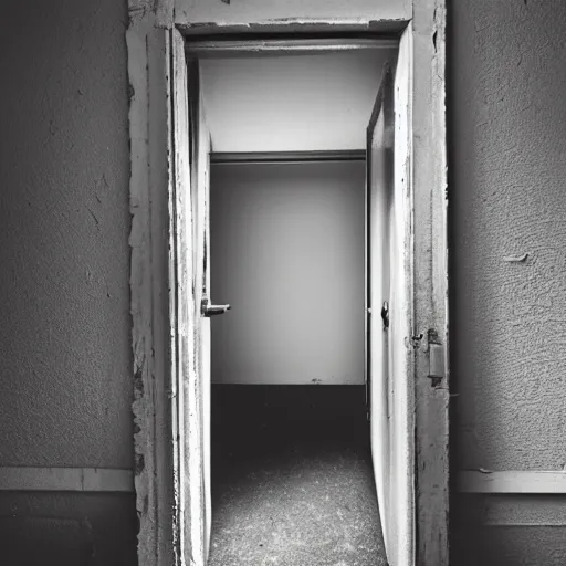 Prompt: a doorway leading to the inside of a liminal space abandoned rural office building with non-euclidean hallways