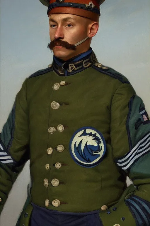 Image similar to portrait minnesota timberwolves military, full battle ready, 1 8 8 9, in full military garb, midnight blue, aurora green, lake blue, moonlight grey, oil on canvas by william sidney mount, trending on artstation