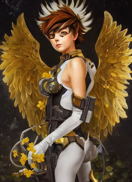 Image similar to full body oil painting of tracer overwatch in the style of sophie anderson, angel wings, angelic golden armor, dramatic painting, symmetrical composition, ornate, golden chains, high detail, gold detailed collar!!!!!, blooming, angelic, lights, flowers, heavenly, bright, detailed face,