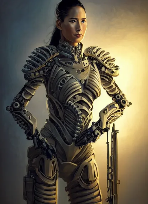 Prompt: portrait of a beautiful female soldier from the future wearing biomechanical armor, olivia munn, carrying a rifle, intricate, elegant, glowing lights in armor, highly detailed, digital painting, artstation, glamor pose, concept art, smooth, sharp focus, illustration, epic angle, art by artgerm and greg rutkowski, artey freytag, alvin schwartz