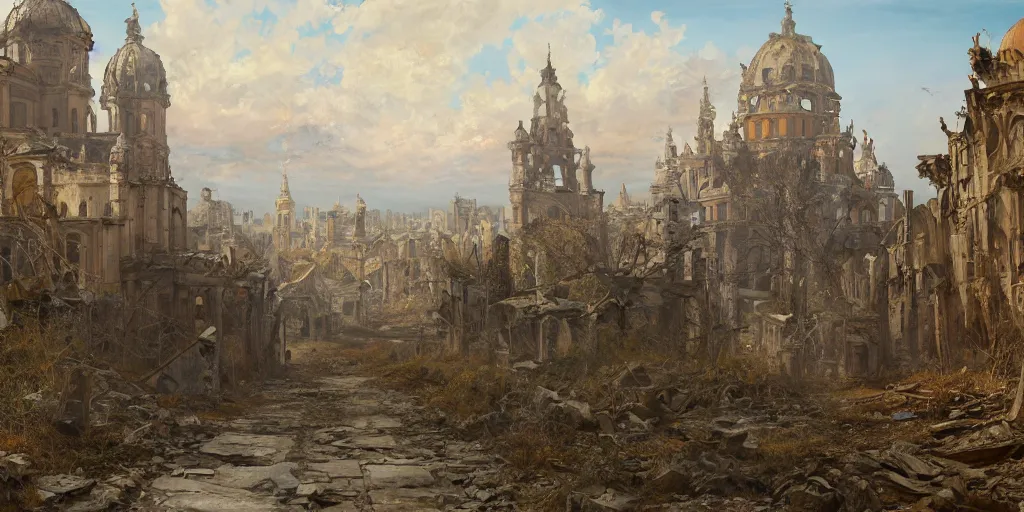 Prompt: An abandoned destroyed spanish city, abandoned, ruined buildings, oil painting, painting by Viktor Vasnetsov, concept art, fantasy cityscape, ancient Spanish architecture, painting by Ivan Shishkin, hyperborea, high resolution, trending on artstation,