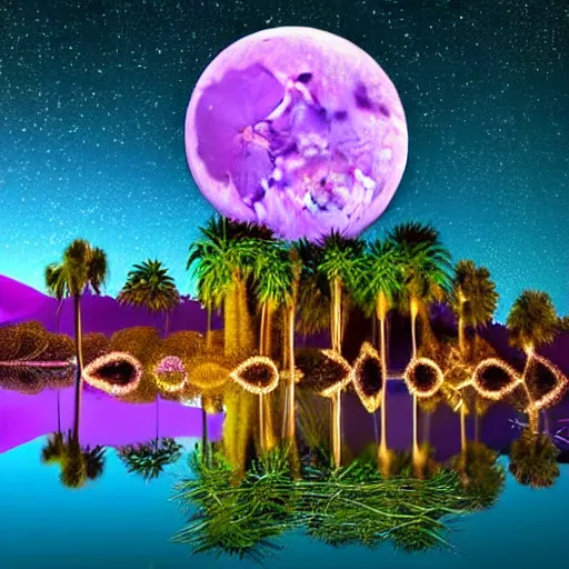 Image similar to dreamy wistful oasis whimsical purple pink blue calm nighttime stars palm tree lush pond reflecting moon