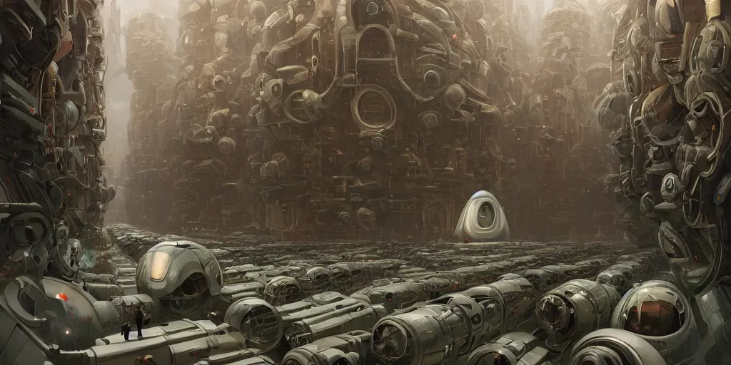 Prompt: one thousand aligned cryogenic pods, symmetrical, futuristic decoration, sci-fi, cryogenic pods, many cryogenic pods, wide shot, matte painting, oil painting, dark sci-fi, by Sergey Kolesov, Tristan Eaton, James Gurney, greg rutkowski.