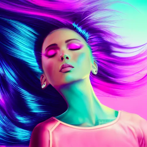 Image similar to a award winning half body portrait of a beautiful woman in a croptop with a ombre purple pink teal hairstyle with head in motion and hair flying, outrun, vaporware, vivid colors, highly detailed, fine detail, intricate