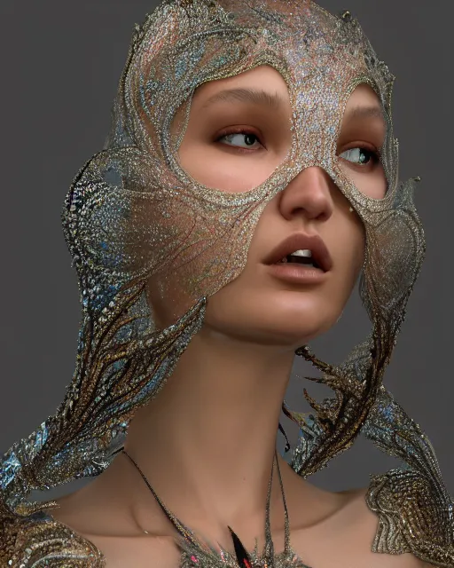 Image similar to a highly detailed metahuman 8 k close up render of bella hadid with a veil all over her face renaissance in iris van herpen dress schiaparelli in diamonds crystals swarovski and jewelry iridescent in style of alphonse mucha trending on artstation made in unreal engine 4