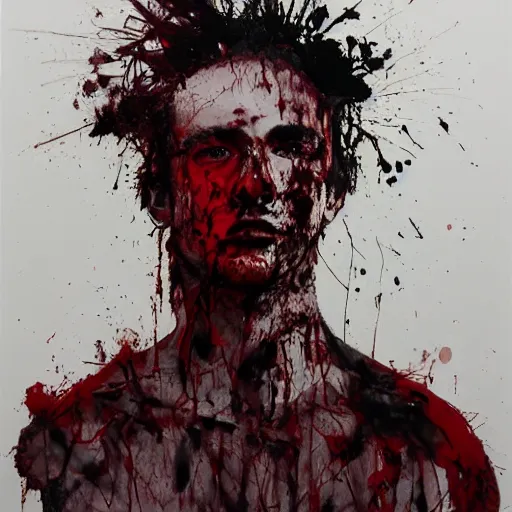 Prompt: matte portrait of a depressed young man covered in dirt and blood, by Antony Micallef by Ashley Wood