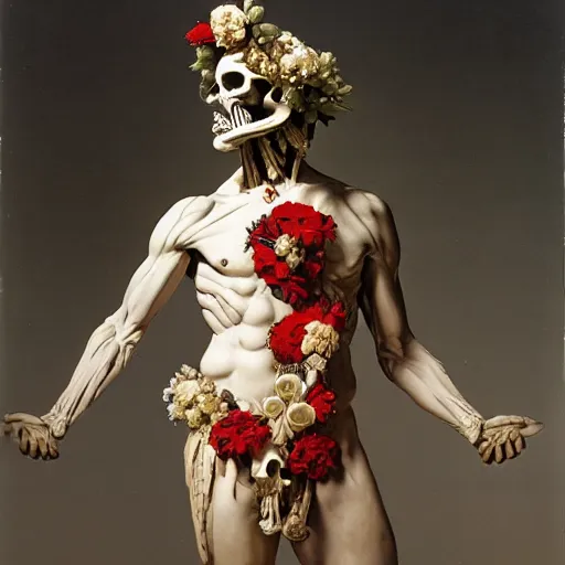 Image similar to a man in the form of a Greek sculpture with a mask in the form of a skull and wreath of flowers skulls in hands dressed in a biomechanical dress, red white and gold color scheme, baroque, by Michelangelo, high detail