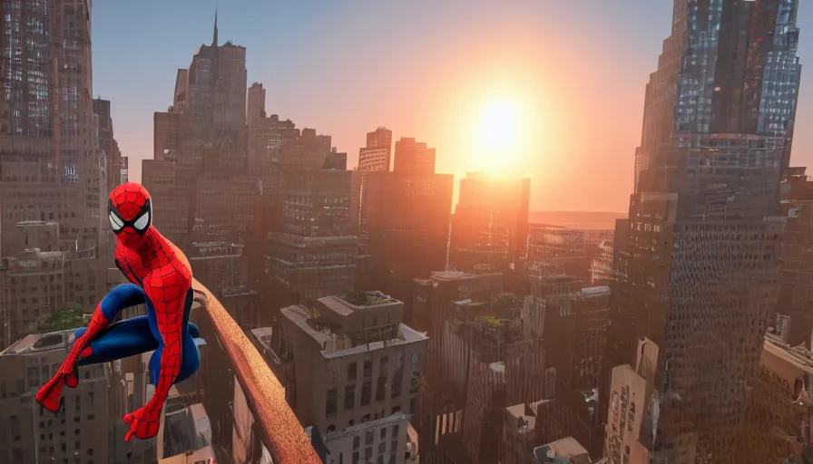 Image similar to spider - man on top of a building in new york watching the sunset, unreal engine 5, render, cg society