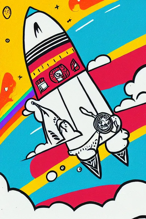 Prompt: mcbess illustration of a rocket ship , rainbow gouache