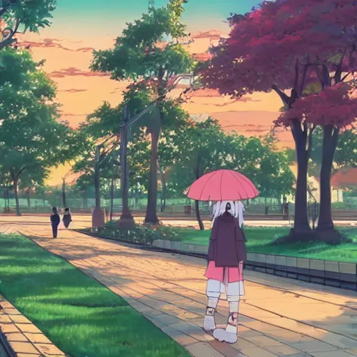 Prompt: a beautiful city park at sunrise, modern anime style, official anime still