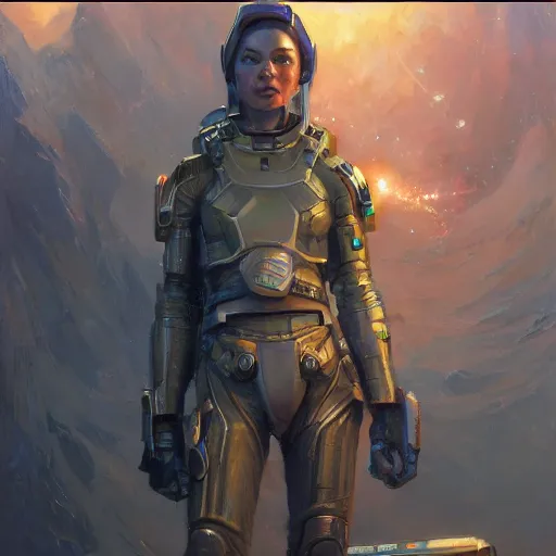 Image similar to Female space soldier in the year 3000, closeup character art by Donato Giancola, Craig Mullins, digital art, trending on artstation
