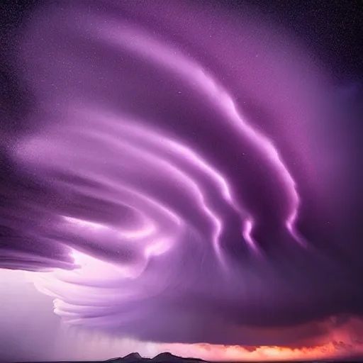 Image similar to amazing photo of a purple clouds in the shape of a tornado by marc adamus, beautiful dramatic lighting