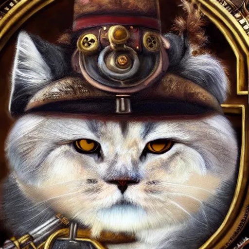 Prompt: anthromorphic fluffy himalayan cat dressed in steampunk clothing, detailed 4 k oil painting