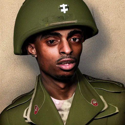 Image similar to playboi carti as a german world war ii soldier captured on a old camera 4 k detailed super realistic