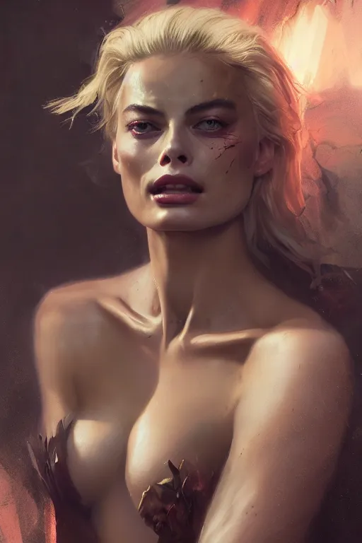 Image similar to a portrait of a very attractive Margot Robbie as a succubi by Greg Rutkowski, Sung Choi, Mitchell Mohrhauser, Maciej Kuciara, Johnson Ting, Maxim Verehin, Peter Konig, final fantasy , mythical, 8k photorealistic, cinematic lighting, HD, high details, atmospheric,