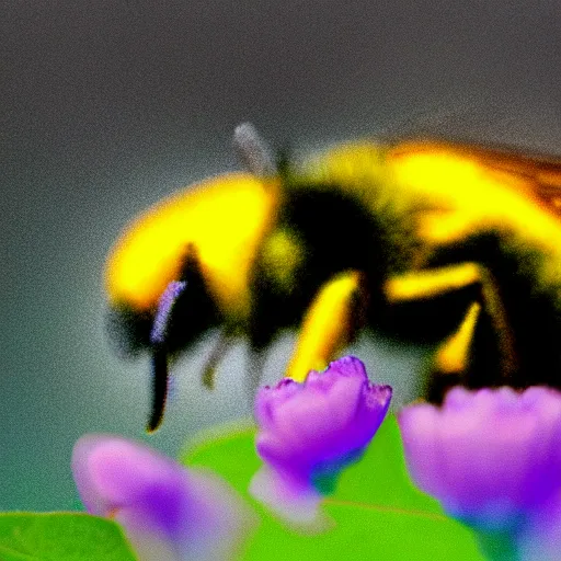 Image similar to surreal composite bumble bee made of flowers, pedicel legs, flower petal wings, siting on a finger, 5 0 mm lens, f 1. 4, sharp focus, ethereal, emotionally evoking, head in focus, volumetric lighting, blur dreamy outdoor