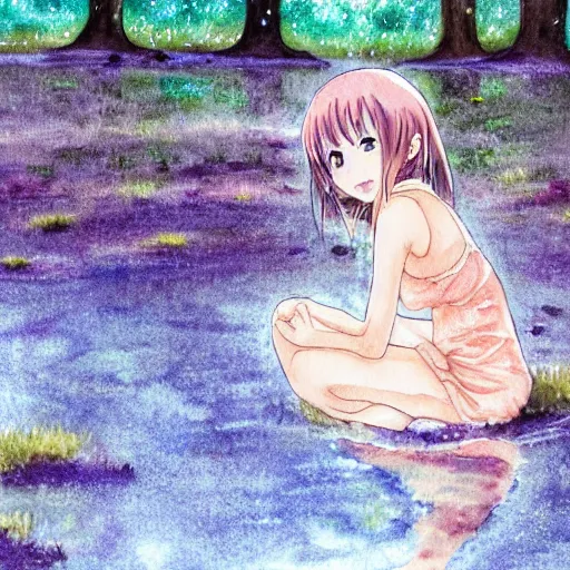 Prompt: a anime girl looking into her own reflection in a puddle of water, she is in a raining forest, watercolor painting