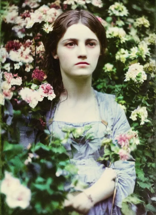 Image similar to portrait photograph of a very beautiful!!! modern female model. symetric face. in a garden. flowers. autochrome Louis Lumières. round detailed eyes!!!!. bokeh