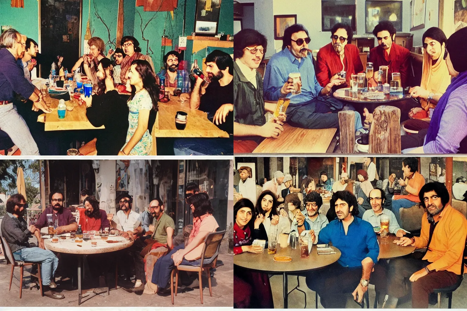 Prompt: trending on flickr, by Taravat Jalali Farahani, 1970s, 1990s, colorized, dada, a colorized photo, a group of people sitting at a table with a glass of beer