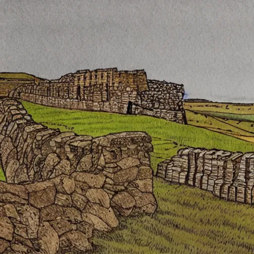 Prompt: pen illustration of hadrian's wall