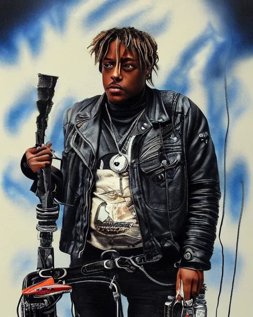 Image similar to juice wrld in black leather jacket mad max post apocalpytic, airbrush, drew struzan illustration art, key art, movie poster