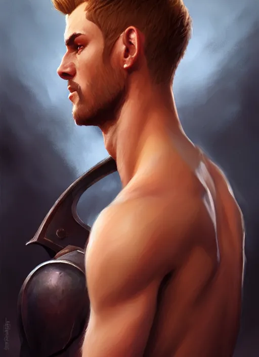 Image similar to a _ fantasy _ style _ portrait _ painting _ of fighter male, medium dark blonde pulled back side part and blonde stubble, rpg dnd oil _ painting _ unreal _ 5 _ daz. _ rpg _ portrait _ extremely _ detailed _ artgerm _ greg _ rutkowski _ greg