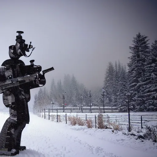 Prompt: snowy fields, snowy trees, partisans with guns, humanoid robots with machine guns, billowing smoke in the distance