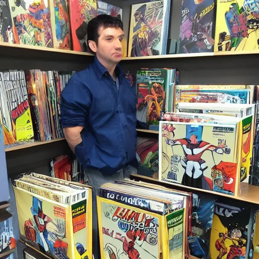 Prompt: a man with Three boxes full of comics
