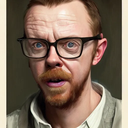 Prompt: portrait painting of joyful simon pegg with a winchester, ultra realistic, concept art, intricate details, eerie, highly detailed, photorealistic, octane render, 8 k, unreal engine. art by artgerm and greg rutkowski and alphonse mucha