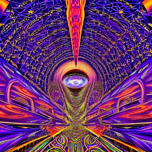 Image similar to beautiful and highly detailed painting of the inside of a dmt hyperspace filled with intricate and perfect patterns surrounded by infinite detailed rooms by moebius and alex grey