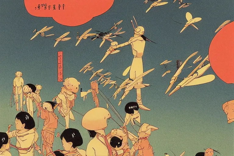 Image similar to gigantic dragonflies with human faces catch tiny robots, a lot of exotic mechas robots around, human heads everywhere, risograph by kawase hasui, edward hopper, satoshi kon and moebius, no text!, colorful flat surreal design, super - detailed, a lot of tiny details, fullshot