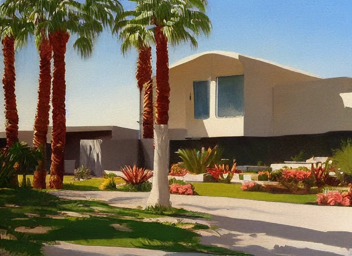 Prompt: painting of a mid century house in palm springs by thomas cole