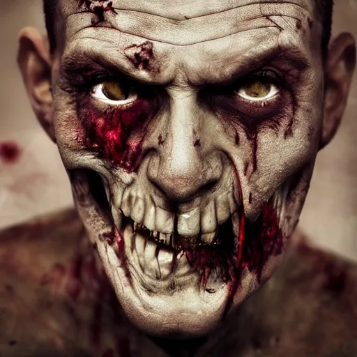 Image similar to a very realistic and scary portrait of a zombie man, flesh get down, eye is falling as jaw, very detailed photography, 4k