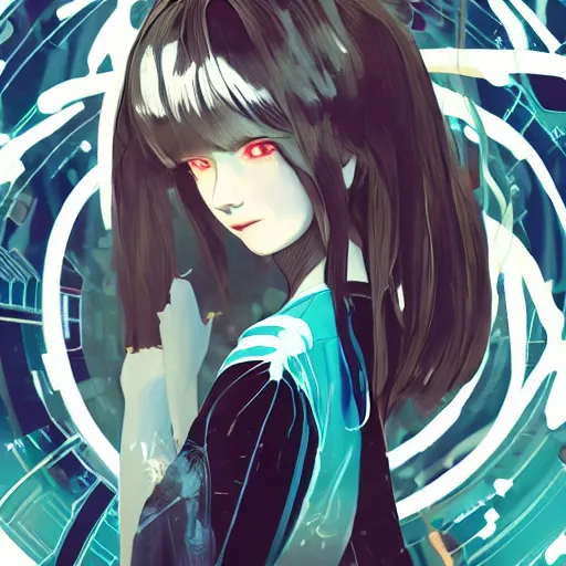 Image similar to Frequency indie album cover, luxury advertisement, white, indigo and teal colors. highly detailed post-cyberpunk sci-fi close-up schoolgirl in asian city in style of cytus and deemo, mysterious vibes, by Ilya Kuvshinov, by Greg Tocchini, nier:automata, set in half-life 2, beautiful with eerie vibes, very inspirational, very stylish, with gradients, surrealistic, postapocalyptic vibes, depth of filed, mist, rich cinematic atmosphere, perfect digital art, mystical journey in strange world, bastion game, arthouse