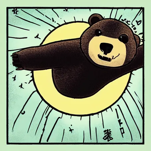 Prompt: a cartoon bear flying through the air, an album cover by Xi Gang, cg society, futuristic, groovy, masterpiece, wavy
