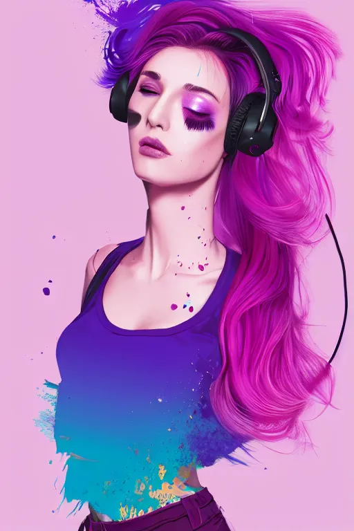 Image similar to a award winning half body portrait of a beautiful woman in a croptop and cargo pants with ombre purple pink teal hairstyle with head in motion and hair flying listenin to music on headphones by wlop, paint splatter, outrun, vaporware, shaded flat illustration, digital art, trending on artstation, highly detailed, fine detail, intricate