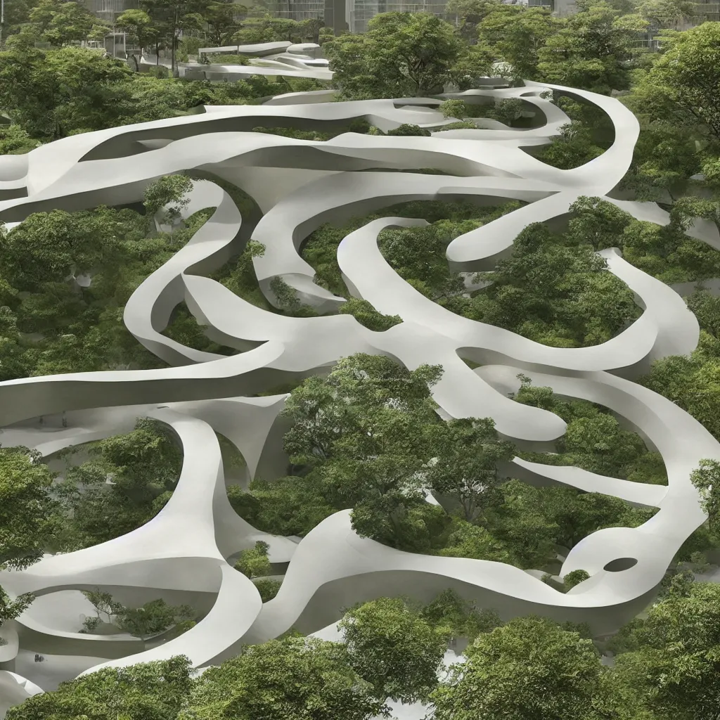 Prompt: “ an incredibly smooth curvilinear architectural sculpture, unfolding continuous golden surfaces enclose a visually interesting japanese zen garden designed by zaha hadid, architecture render ”