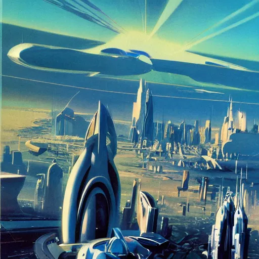 Image similar to aerial view of a science-fiction cityscape, cinematic angle, cinematic lighting, blue sky, sun in the sky, by Syd Mead, John Harris, Federico Pelat