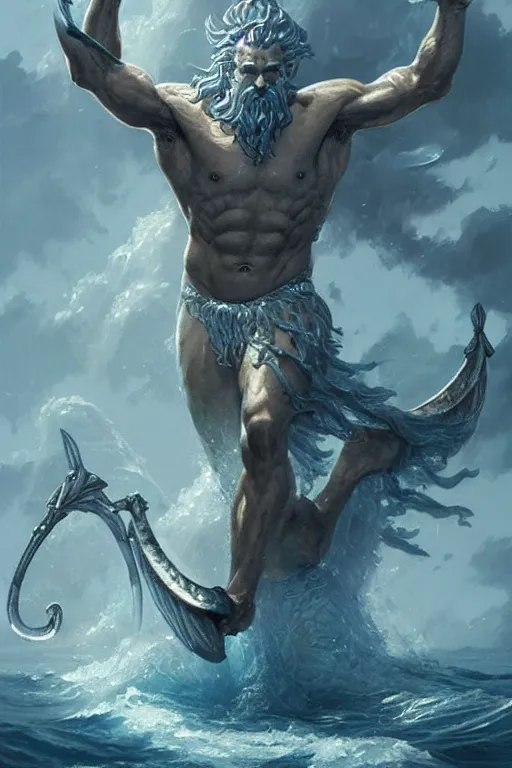 Image similar to poseidon humanoid god of the sea, trident, highly detailed, d & d, fantasy, highly detailed, digital painting, trending on artstation, concept art, sharp focus, illustration, art by artgerm and greg rutkowski and magali villeneuve