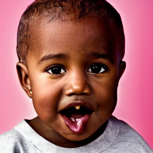 Image similar to the face of kanye west at 3 years old, portrait by julia cameron, chiaroscuro lighting, shallow depth of field, 8 0 mm, f 1. 8